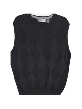 Oscar de la Renta Mens Sweater Vest Large Black Gray Argyle Cotton V-Neck